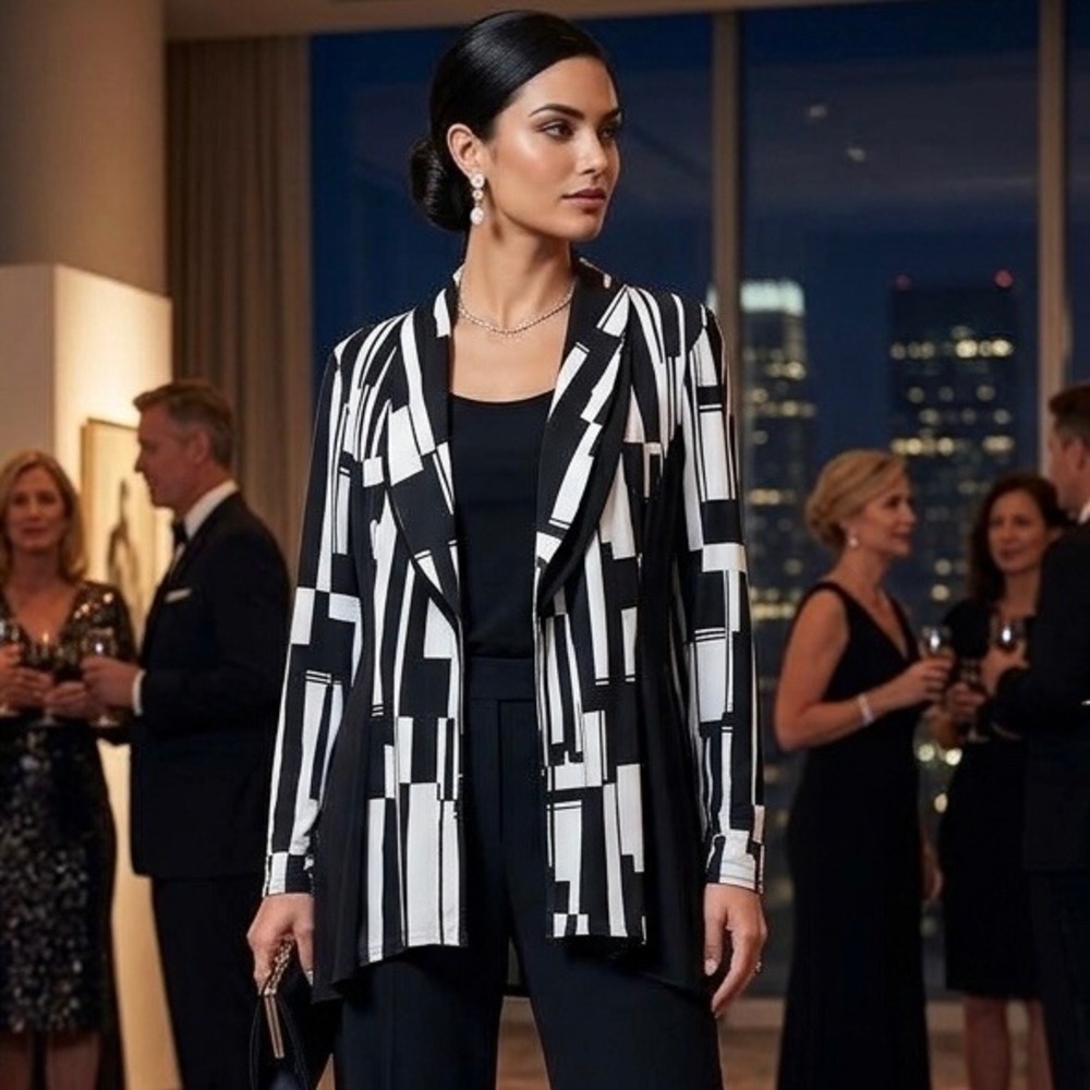 Joseph Ribkoff Black White Geometric Abstract Shawl Collar Cardigan Jacket Sz 16